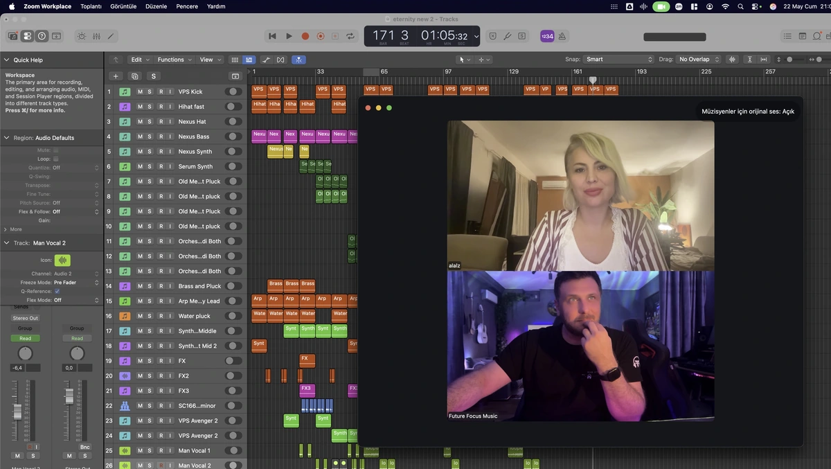 Alalz ile canlı online dersten: Logic Pro ekran paylaşımı, öğrenci ve Future Focus eğitmeni